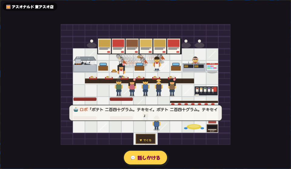 アスオタウンでは東アスオのアスオナルドに入ると、厨房でロボが「ポテト二百四十グラム、テキセイ」と言っています。
