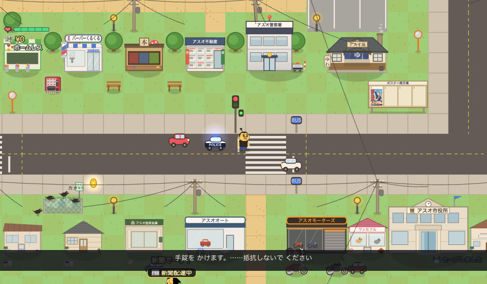 アスオタウンでは免許なしで車を運転すると、パトカーに止められます。「手錠をかけます。……抵抗しないでください」