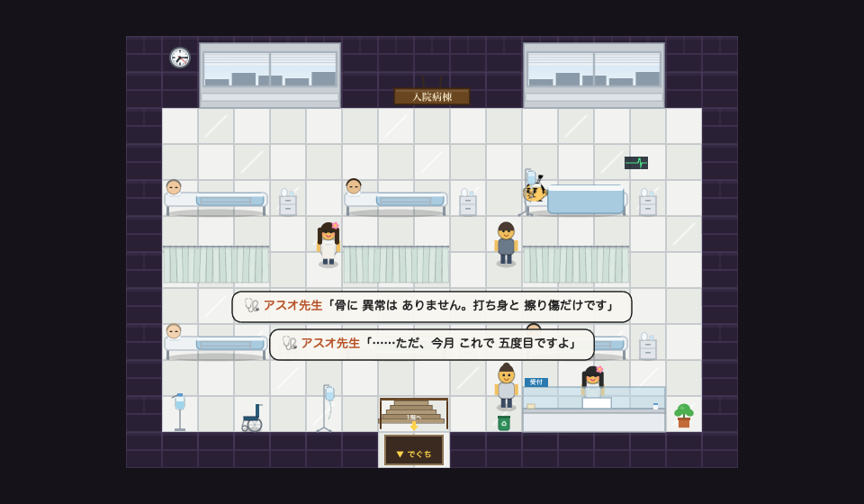 アスオタウンでは車に五回はねられると入院できます。先生「骨に異常はありません。ただ、今月これで五度目ですよ」
